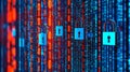 Symbolized by falling binary code and alarm icons, a data breach is underway.