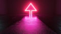 Symbolizes technology and navigation with a neon pink arrow cursor icon glowing on a dark background, reflected in the ground. Royalty Free Stock Photo