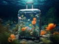 Translucent suitcase with flowers inside, on the bottom of the ocean, AI-generated illustration