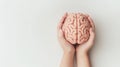 Symbolizing mental health awareness and cognitive function: human hands holding a realistic model of a human brain Royalty Free Stock Photo