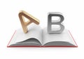 Symbols of alphabet on book 3D. Dictionary