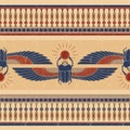 Symbols of ancient Egypt in the form of a rogue horizontal pattern with an illustration of a scarab beetle.