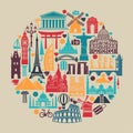 Circle of symbols Icons world tourist attractions and architectural landmarks Royalty Free Stock Photo