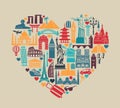 Heart of symbols Icons world tourist attractions and architectural landmarks Royalty Free Stock Photo