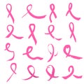 Symbols of breast cancer awareness. Collection of sixteen hand drawn pink ribbon signs
