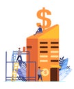 the symbols of capitalism, a woman stands on building an economic system in which capital goods are owned by private