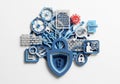 Symbols: a central blue padlock, binary code panel, red virus icon, Royalty Free Stock Photo