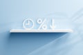 Symbols clock, percent, arrow down on a blue background, 3D image. the concept of lowering the interest rate over time