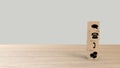 Symbols communication, telephone, message, chat, call, email wooden cubes on table horizontal blur gray light background, mock up Royalty Free Stock Photo