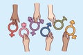 Symbols different genders in hands, for concept absence of discrimination against transgender humans Royalty Free Stock Photo