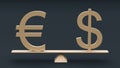 Symbols of the dollar and the euro stand on a swing against a dark background. 3D rendering. Royalty Free Stock Photo