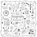 Symbols and drawings for a school geography lesson, set on a white background. Hand drawn vector doodle line illustration. Globe, Royalty Free Stock Photo