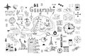 Symbols and drawings for a school geography lesson, set on a white background. Hand drawn vector doodle line illustration. Globe, Royalty Free Stock Photo