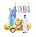 Symbols of Dubai - famous hotel, golden super car and arabian man wearing muslim traditional clothes, United Arab
