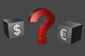 Symbols of euro and dollars together on a black background with a question mark. Exchange concept Royalty Free Stock Photo