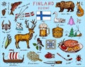 Symbols of Finland in vintage style. Doodle sketch with traditional signs. Scandinavian culture, national entertainment Royalty Free Stock Photo