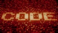 CODE word being made with flashing hexadecimal symbols on a red computer display. 3D rendering