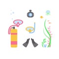 Symbols flat design icons set. Vector infographics sports equipment for deep-sea diving elements. Cylinder with air for breathing,