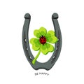 Symbols for good luck, horseshoe, clover, ladybug. Be Happy