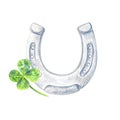 Symbols of good luck. Horseshoe and four leaf clover isolated on white background Royalty Free Stock Photo