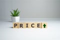 Symbols of growth and decline near the word Price. Price regulator, supply-demand balance, market laws. Economics and Royalty Free Stock Photo