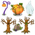 Symbols of Halloween - scary tree, pumpkin, ghost, grave, lantern. Six icons set isolated on white background. Vector Royalty Free Stock Photo