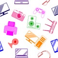 Symbols and images of digital, video and computer equipment. Seamless ornament, pattern, background and template. Vector square Royalty Free Stock Photo
