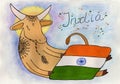 Symbols of India. Sacred cow and state flag. Stylized illustration. Hand drawn in gouache on paper. For prints on clothes, posters Royalty Free Stock Photo