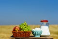 Symbols of jewish holiday - Shavuot.First fruits habikkurim in hebrew, white cheese and milk on wooden table.