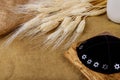 Symbols of jewish holiday Shavuot torah and shofar wooden background