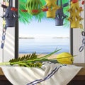 Symbols of the Jewish holiday Sukkot with palm leaves Royalty Free Stock Photo