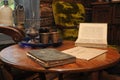 The symbols of the Jewish people lie on an old wooden table. Menorah and old books