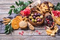 Tu Bishvat holiday symbols - dried fruits, pomegranate, barley, wheat