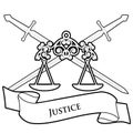 Symbols of Justice. Scale and two crossed swords, isolated on white background. Text banner