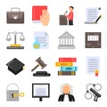 Symbols of legal regulations. Juridical icons set in flat style