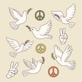 Symbols of Peace - Hand Gesture, Dove, Olive Branch Icon Collection. Pigeon Bird Set, Flat Vector Illustration Royalty Free Stock Photo