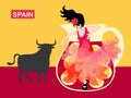Symbols of Spain. Black bull, a jug with sangria and a girl dancing flamenco with a manton in the shape of a flying bird.