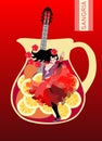 Symbols of Spain. Jug with sangria, guitar and Spanish girl dancing provocatively flamenco on red background. Poster, banner Royalty Free Stock Photo