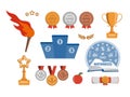 Symbols of sports and intellectual victories. Vector set - a lighted torch, stars, medals for the first, second and third places,