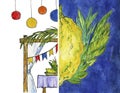 Symbols of Sukkot, Feast of Tabernacles or Feast of the Ingathering. Sukkah, willow branches, etrog, myrtle