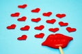 Symbols of Valentine`s day-hearts, kisses, gift, lips, love. background. flat low Royalty Free Stock Photo