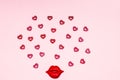 Symbols of Valentine`s day-hearts, kisses, lips, love. background. flat low Royalty Free Stock Photo