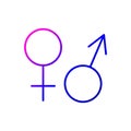 Symbols of venus and mars outline icon. Male and female items. Purple gradient symbol. Isolated vector illustration Royalty Free Stock Photo