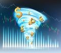 Symbols of world currencies rotate in a tornado