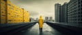 Symetrical Brutal architecture urban poster, man in yellow raincoat