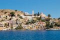Symi also known as Syme or Simi is a Greek island one of the Dodecanese islands. Beautiful Symi Yialos town. Royalty Free Stock Photo
