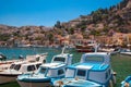 Symi, Greece - August 11, 2018: Pier on Symi Island, Rhodes