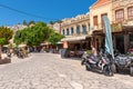 Street with restaurants and shops on the Symi island Royalty Free Stock Photo