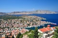 Symi island colorful town houses and harbour