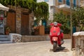 Symi Island, Greece - June 27, 2019: View of bright blue and yellow streets of Symi Island, Greece